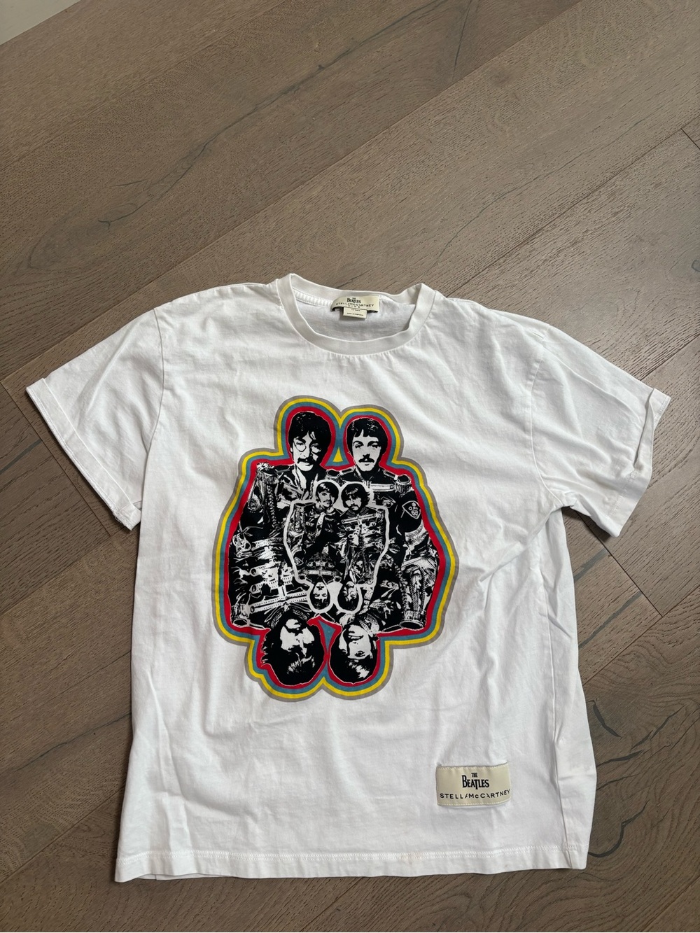 The Beatles White Short Sleeve Graphic Tee with Rainbow Trim